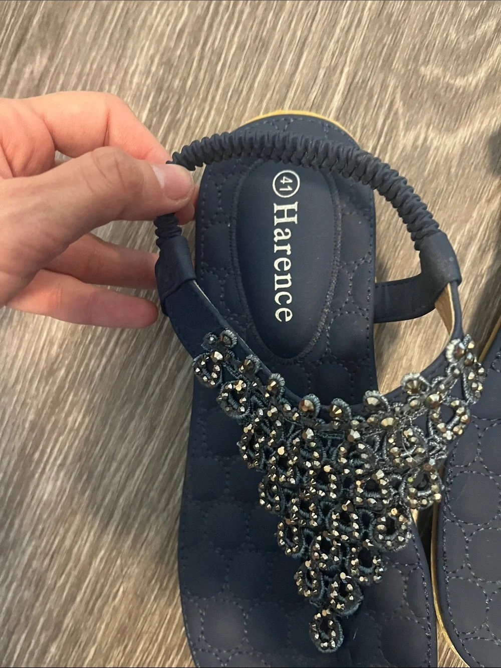 Harence sz 42 Navy Beaded T-strap Sandals great condition!
